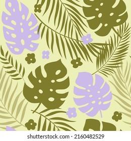 Patrón sin foco con plantas tropicales: palmeras, monstera y otros. Ilustración vectorial para tela, embalaje, textil, papel pintado, prendas de vestir.