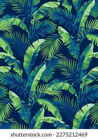 Seamless pattern with tropical plants. Palm leaves in realistic style. Vector botanical illustration. Foliage design for wallpaper, wedding invitation and greeting card.