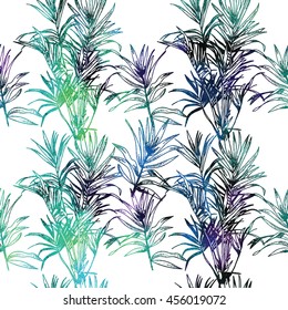 
Seamless pattern with tropical plants . Palm trees , large leaves . Summer tropical background .