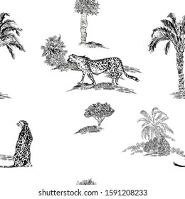 Seamless Pattern Tropical Plants Palms with Cheetah Animals in Safari Desert, Exotic Life, Etching Drawing, Hand Drawn Wallpaper Print, Lithography Outline Illustration, Wild Cats