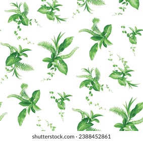Seamless pattern with tropical plants in realistic style. Vector botanical illustration. Foliage design on a white background.