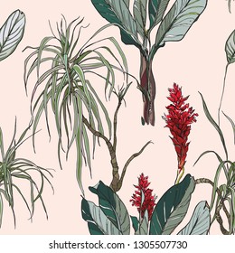 Seamless Pattern Tropical Plants with Red Exotic Flower Blossom in Emeral Color on Pink Background