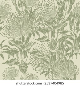 Seamless pattern with tropical protea flowers. Line art botanical background. Hand drawn vector illustration.