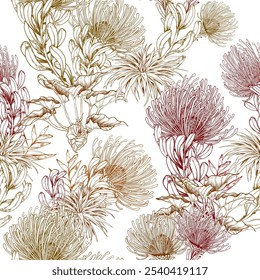 Seamless pattern with tropical protea flowers. Line art botanical background. Hand drawn vector illustration.