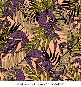 Seamless pattern with tropical purple leaves and plants. Seamless vector texture. Botanical print.  Print in a hand-drawn style.  Modern vector design. Beautiful tropical pattern.