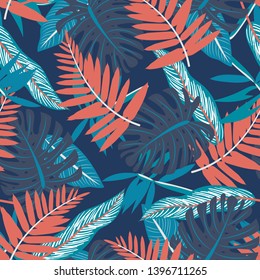 Seamless pattern with tropical red and dark leaves. Vector design. Flat jungle print. Floral background.