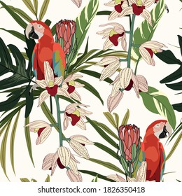 Seamless pattern with tropical red parrots. Colorful exotic Birds, leaves, orchids flowers, plants and branches art print for textile, fabric, covers.