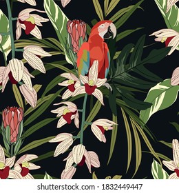 Seamless pattern with tropical red parrots. Colorful exotic Birds, leaves, orchids flowers, plants and branches art print for textile, fabric, covers. Black background.