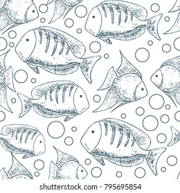 Seamless pattern of tropical sea fishes, cartoon illustration of beach summer background. Vector