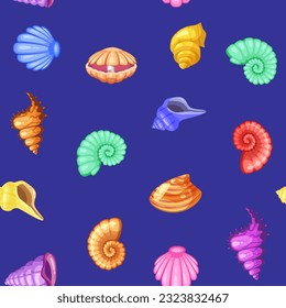 Seamless pattern tropical shells cartoon. Cute funny underwater characters