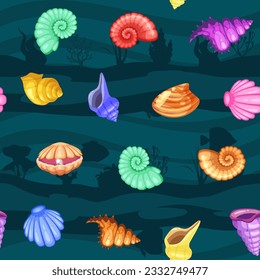 Seamless pattern tropical shells cartoon. Cute funny underwater characters