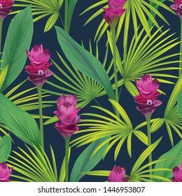 Seamless pattern with tropical siam tulip flowers and palm leaves background. Vector set of exotic tropical garden for holiday invitation, greeting card and textile fashion design.