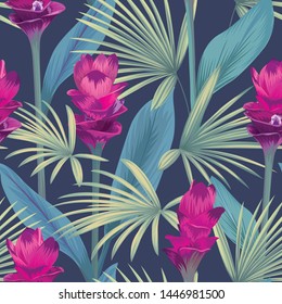 Seamless pattern with tropical siam tulip flowers and palm leaves background. Vector set of exotic tropical garden for holiday invitation, greeting card and textile fashion design.