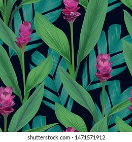 Seamless pattern with tropical siam tulip flowers and palm leaves background. Vector set of exotic tropical garden for holiday invitation, greeting card and textile fashion design.