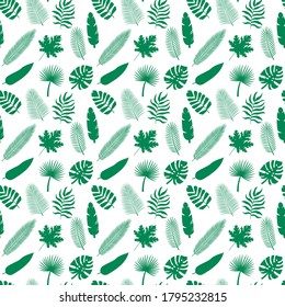 Seamless pattern tropical silhouettes of palm leaves. Monstera, coconut, banana, mango, chamaedorea. Vector illustration on white background
