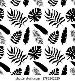 Siluetas tropicales sin foco de hojas de palma. Monstera, coco, plátano, mango, chamaedorea. Ilustración del vector sobre fondo blanco