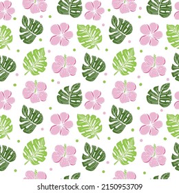 Seamless pattern of tropical strelitia flower, monster leaves. Hand-drawn doodle-style elements, bright flower, greens and peas on white background. Tropics. Summer. Strelicia. 