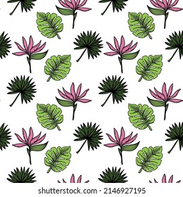A seamless pattern of a tropical strelitzia flower, palm trees, and leaves. Hand-drawn doodle-style elements, bright flower and greenery. Tropics. Strelitzia. Isolated vector illustration.