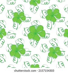 A seamless pattern of tropical strelitzia flower, monster leaves. Hand-drawn doodle-style elements, bright flower, greenery on white background. Tropics. Summer. Strelicia. 