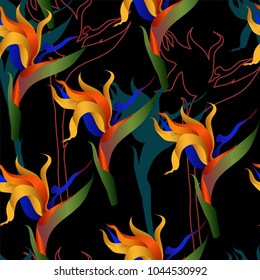Seamless pattern with tropical Strelitzia flowers. Vector illustration.