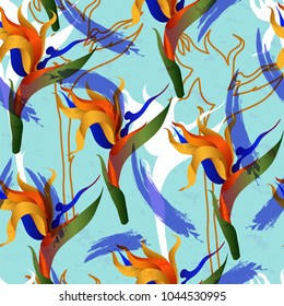 Seamless pattern with tropical Strelitzia flowers. Vector illustration.