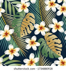 Seamless pattern with tropical strelitzia flowers and leaves exotic background.