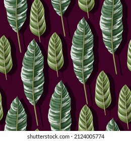 Seamless pattern with tropical striped leaves. Vector