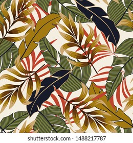 Seamless pattern in tropical style with bright plants and leaves. Modern design, printing, fabric, textile. Botanical pattern. Exotic Wallpaper, palm leaves. Jungle print.