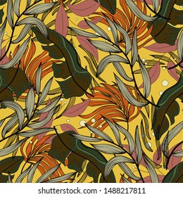 Seamless pattern in tropical style with colorful plants. Exotic Wallpaper, palm leaves. Jungle print. Botanical pattern. Floral design. Summer concept with tropical leaves and plants on an orange back