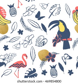 Seamless pattern of tropical summer animals and flowers on white. Gold foil dots. Toucan, butterfly, flamingo, leaves, pineapple, bananas, hibiscus. For textiles, cards, invitations and wallpapers.