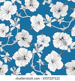 Seamless pattern tropical summer with Black-white Hibiscus flowers on isolated blue background.Vector illustration hand drawing line art.for fabric print fashion design