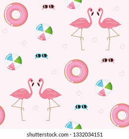 seamless pattern tropical summer design with flamingos floating ring and sunglassses vector illustration EPS10