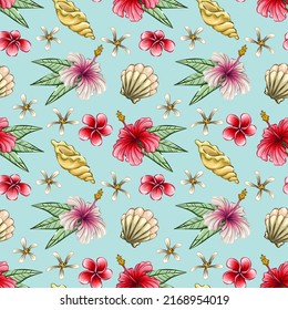 Seamless pattern with tropical summer elements, background with sea beach objects