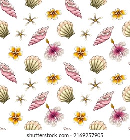 Seamless pattern with tropical summer elements, background with sea beach objects