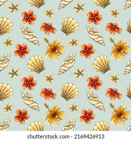 Seamless pattern with tropical summer elements, background with sea beach objects