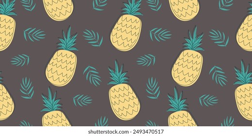 Seamless pattern with tropical summer elements on blue background for fabric, drawing labels, print on t-shirt, wallpaper of children's room, vacation, holiday or summer design.	