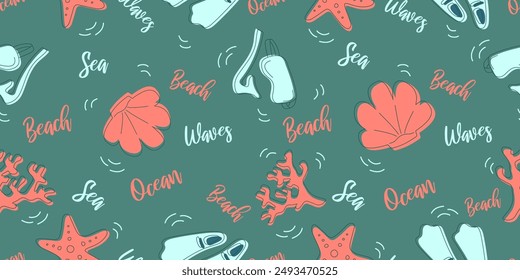 Seamless pattern with tropical summer elements on blue background for fabric, drawing labels, print on t-shirt, wallpaper of children's room, vacation, holiday or summer design.	