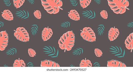 Seamless pattern with tropical summer elements on blue background for fabric, drawing labels, print on t-shirt, wallpaper of children's room, vacation, holiday or summer design.	