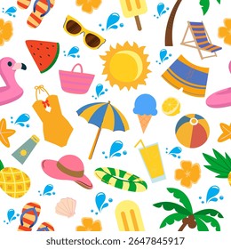 Seamless pattern of tropical summer elements like swimwear, sunglasses, beach umbrella, sun, watermelon, flip flops, floaties, and ice cream in vibrant colors on transparent background. - Powered by Shutterstock - Get 15% off with code: PIKWIZARD15
