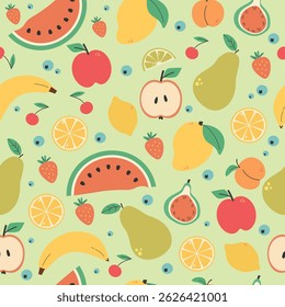 Seamless pattern with tropical and summer fruits. summer background. Apple, pear, watermelon, mango, lemon, pomegranate, orange, banana, orange slices, grapes, cherry. Flat illustration.