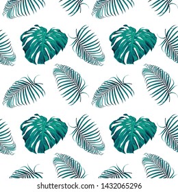 Seamless pattern tropical summer with green monstera and palm leaves on white background.Watercolor Drawing Vector illustration.