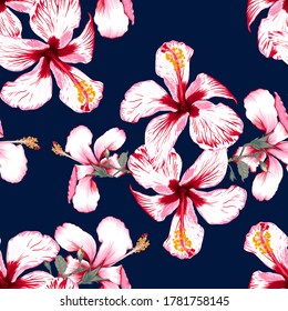 Seamless pattern tropical summer with Hibiscus flowers on isolated dark blue background.Vector illustration hand drawing dry watercolor style.For fabric design.