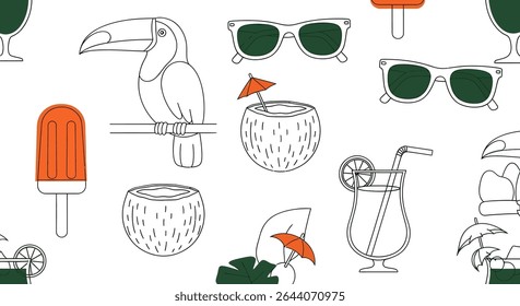 Um padrão perfeito de ícones tropicais de verão: tucano, óculos escuros, coco com guarda-chuva, picolé laranja e um coquetel com palha e fatias de limão.