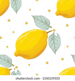 Seamless pattern tropical summer with Lemon fruit and flowers on isolated white background.Vector illustration hand drawing line art.For fabric design.