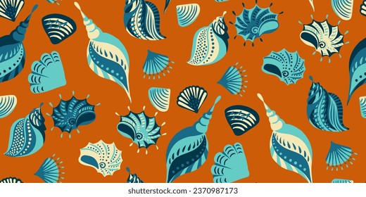 Seamless pattern tropical summer ocaen Seashell.  Vector art hand drawn abstract, artistic, colirful  shelles.  llustration  for summer design, print, exotic wallpaper, textile, fabric, fashion