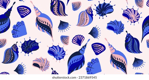 Seamless pattern tropical summer ocean Seashell. Vector hand drawn abstract, artistic, colorful  shells.  illustration  for summer design, print, exotic wallpaper, textile, fabric, fashion