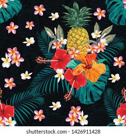 Seamless pattern tropical summer with pink pastel Frangipani,red Hibiscus flowers Pineapple and monstera leaves abstract background.Watercolor Drawing Vector illustration.