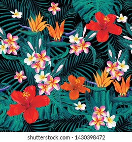 Seamless pattern tropical summer with pink pastel Frangipani,red Hibiscus,bird of paradise flowers and monstera leaves abstract background.Watercolor Drawing Vector illustration.