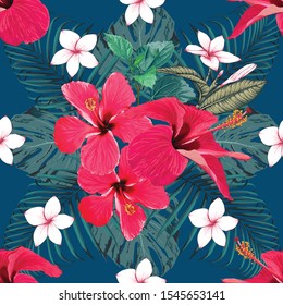 Seamless pattern tropical summer with red Hibiscus and frangipani flowers abstract background.Vector illustration hand drawing watercolor style.For fabric design.