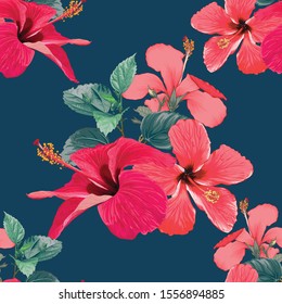 Seamless pattern tropical summer with red Hibiscus flowers on isolated dark blue background.Vector illustration hand drawing dry watercolor style.For fabric design.